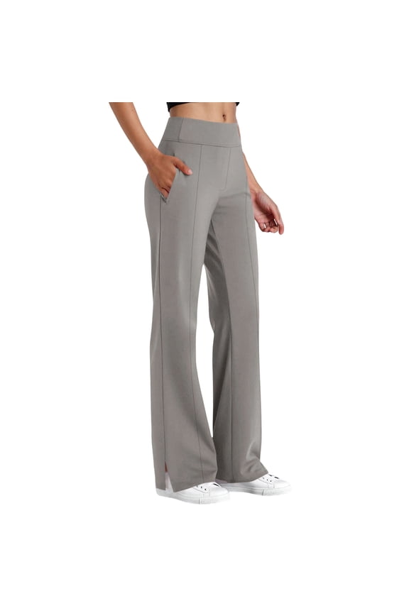 Womens High Waisted Straight Leg Pants Side Slit Hem Stretchy Seam Detail Side Pockets Trousers for Work