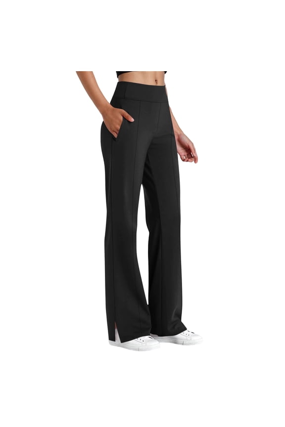 Womens High Waisted Straight Leg Pants Side Slit Hem Stretchy Seam Detail Side Pockets Trousers for Work