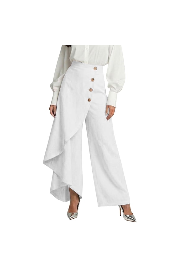 Womens High Waisted Wide Leg Wrap Pants Asymmetrical Button Front Cotton Linen Casual Trousers