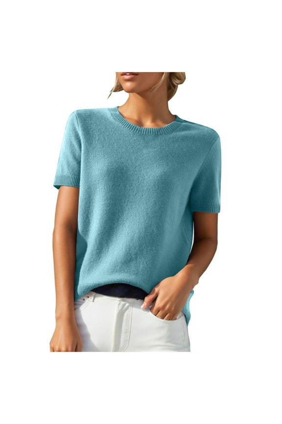Womens Lightweight Knit Sweater Crew Neck Short Sleeve Pullover Tops with a Versatile Solid Color Design