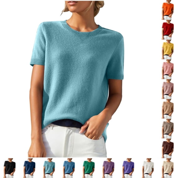 HADST Womens Lightweight Knit Sweater Crew Neck Short Sleeve Pullover Tops with a Versatile Solid Color Design