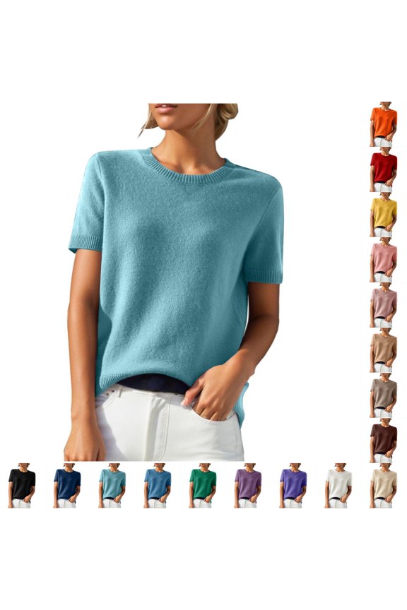 Womens Lightweight Knit Sweater Crew Neck Short Sleeve Pullover Tops with a Versatile Solid Color Design