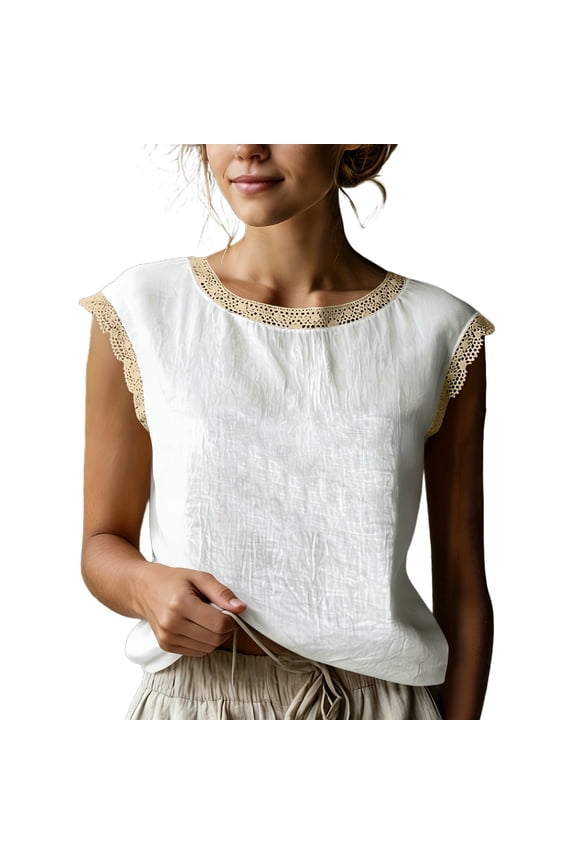 Womens Linen Lace Trim Blouse Crew Neck Cap Sleeve Loose Fit Top Breathable Summer Tunic for Daily Wear