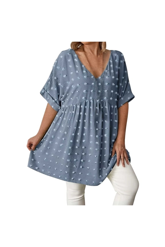 Womens Polka Dot Babydoll Tunic Tops, V Neck Half Sleeve Flowy Swing Shirts, Oversize Casual Blouses for Daily