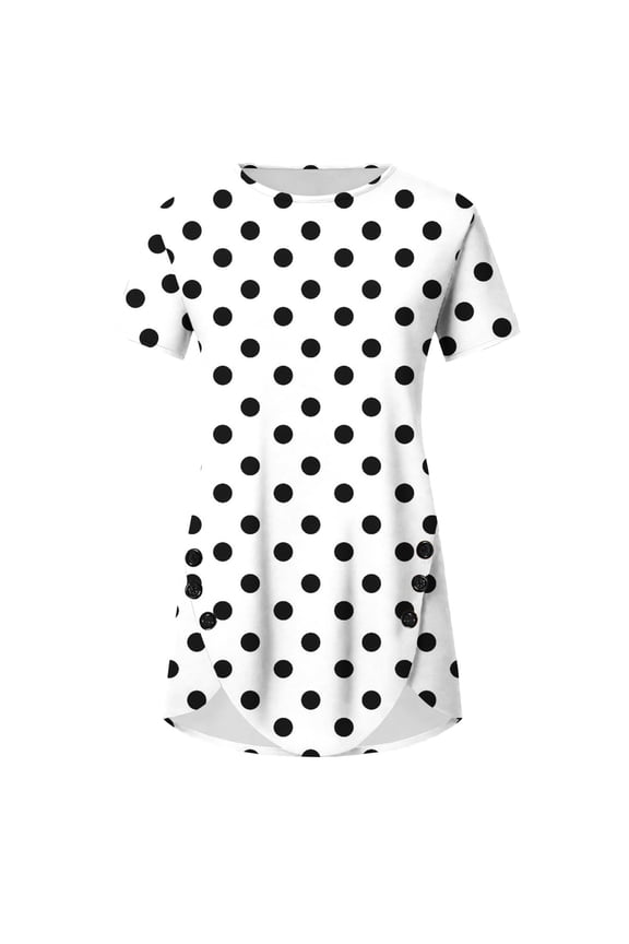 Womens Polka Dots T-Shirts Summer Plus Size Casual Blouses Irregular Hem Short Sleeve Top S-XXL