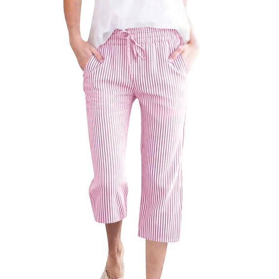 HADST Womens Striped Drawstring Capri Pants with Side Pockets Straight Leg Loose Fit Trousers for Casual & Lounge Summer Wear