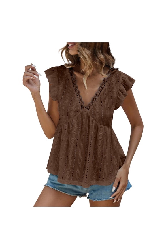 Womens Summer Blouse Eyelet Embroidered with Ruffle Cap Sleeves V-Neck Babydoll Tunic Top for Daily