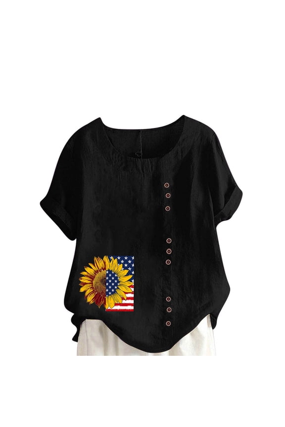 Womens T-Shirts Blouses Button Plus Size Short Sleeve Crew Neck Fourth of July Print Relaxed Fit Summer Top S-5XL