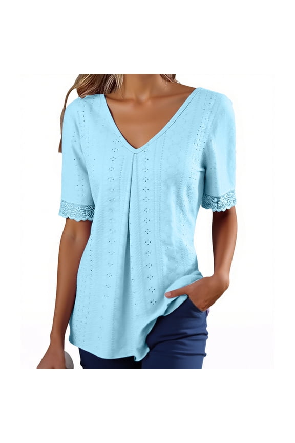 Womens V-Neck Short Sleeve Blouses Eyelet Lace Trim Detail Tunic Tops Casual Loose Fit Shirts