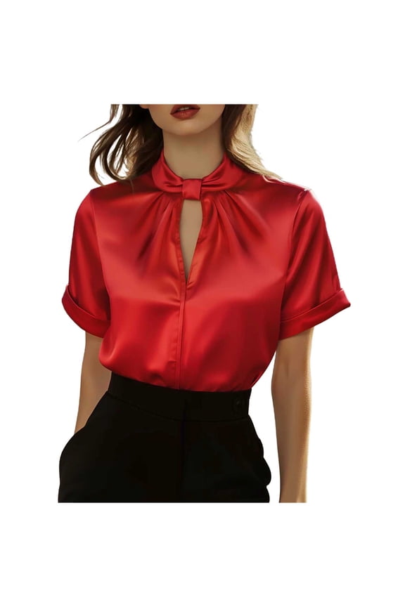 Womens Work Tops Dressy Business Casual Blouse Keyhole V Neck Shirt Stand Collar Tunic