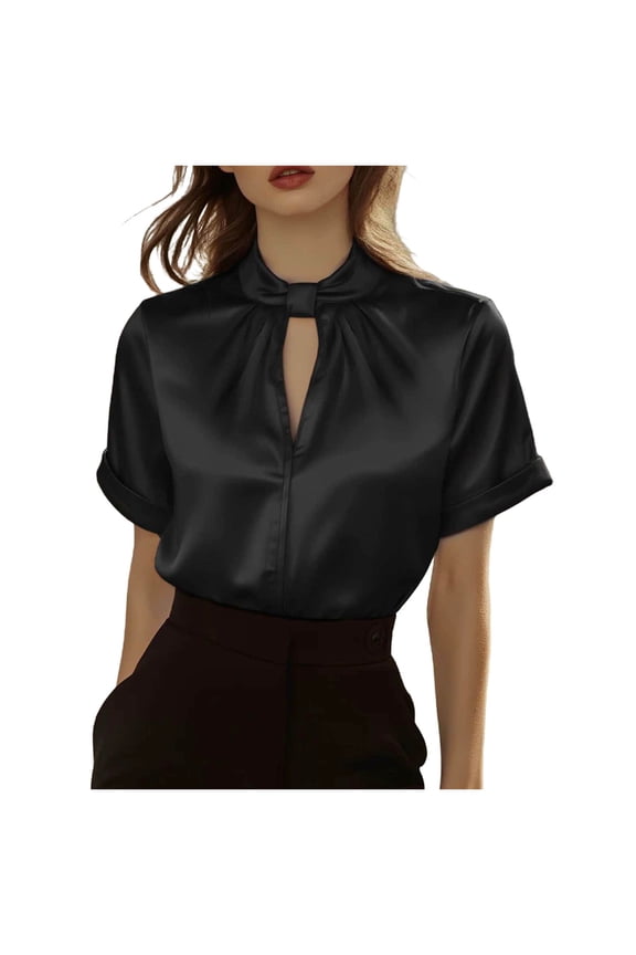 Womens Work Tops Dressy Business Casual Blouse Keyhole V Neck Shirt Stand Collar Tunic