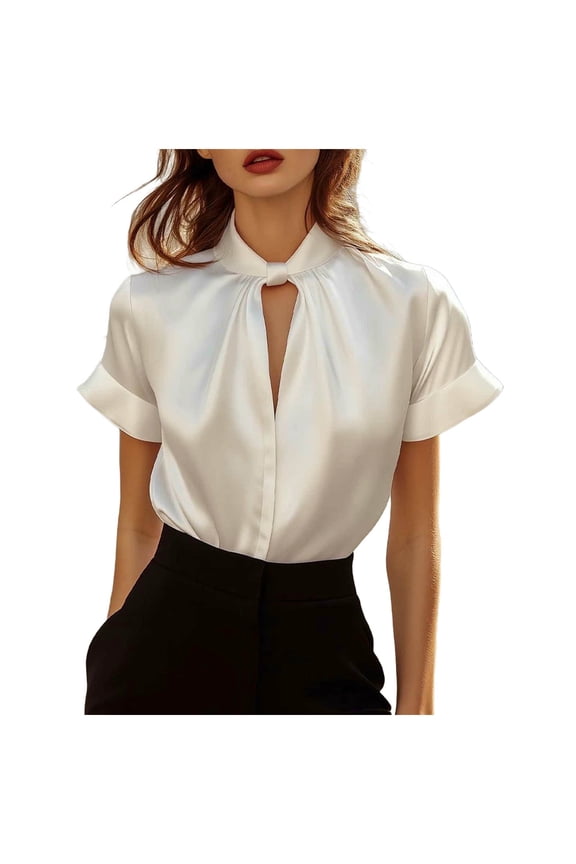 Womens Work Tops Dressy Business Casual Blouse Keyhole V Neck Shirt Stand Collar Tunic