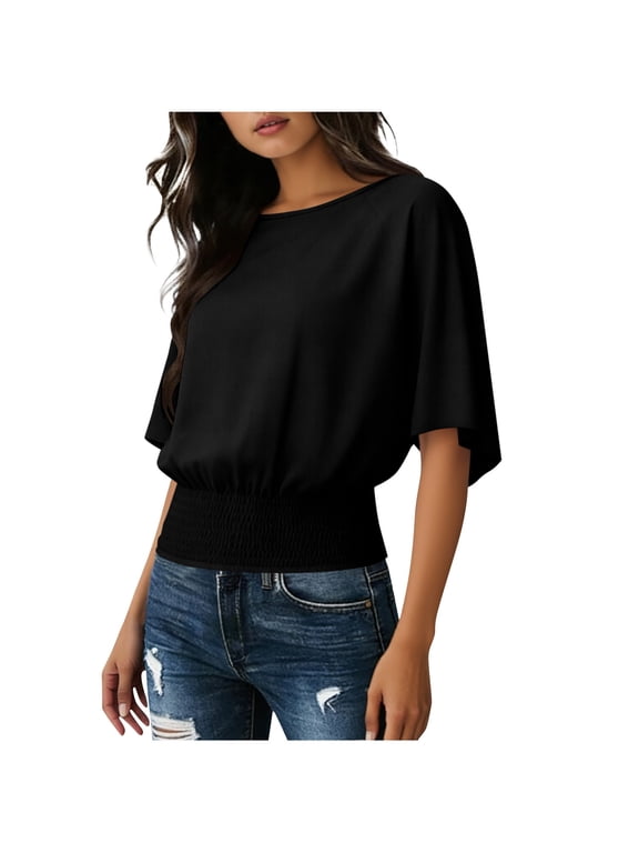 Womens half Sleeve Blouse Crew Neck Batwing Tops Dressy Work Office Elastic Hem Tee