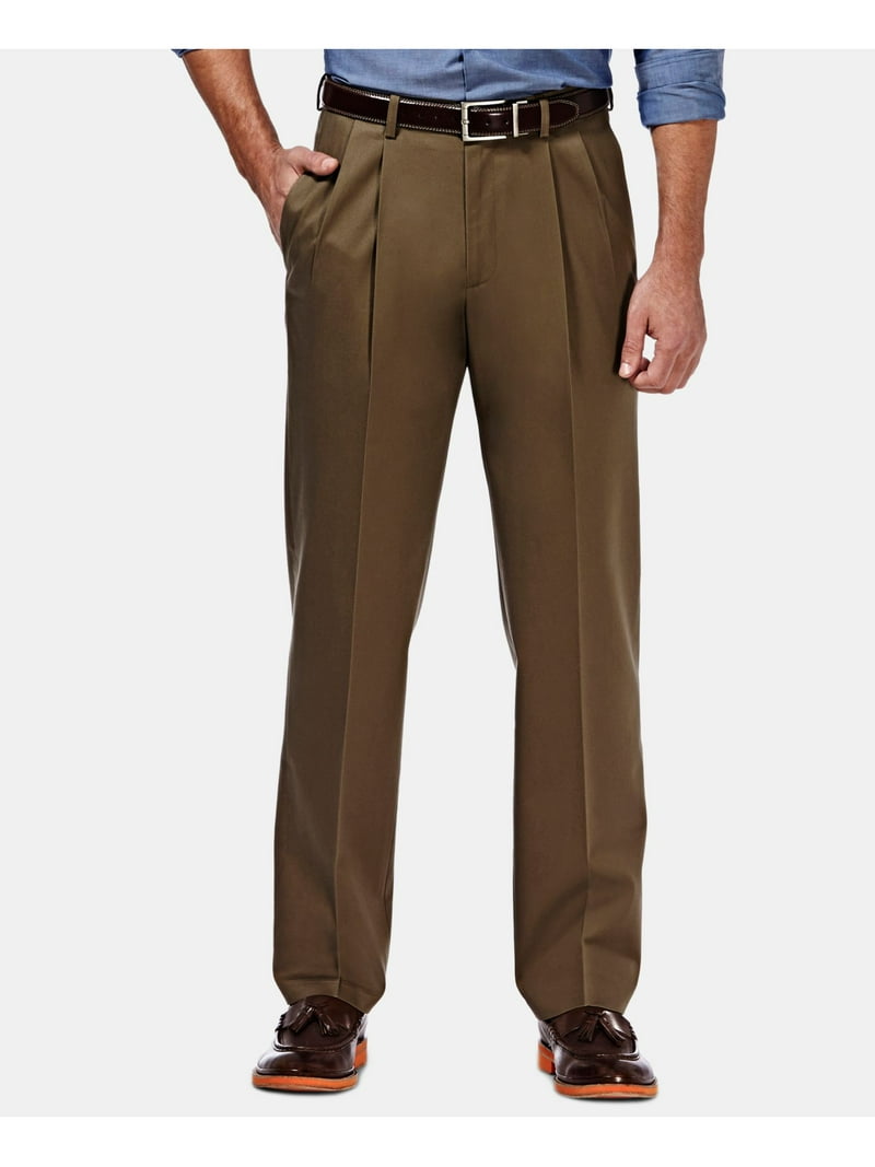 HAGGAR CLOTHING Mens Brown Pleated Straight Leg Classic Fit Pants