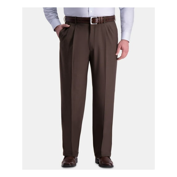 HAGGAR Mens Brown Expandable Waist, Classic Fit Pants 48X29