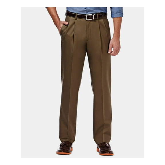 HAGGAR Mens Brown Pleasted Straight Leg Classic Fit Pants 34 Waist