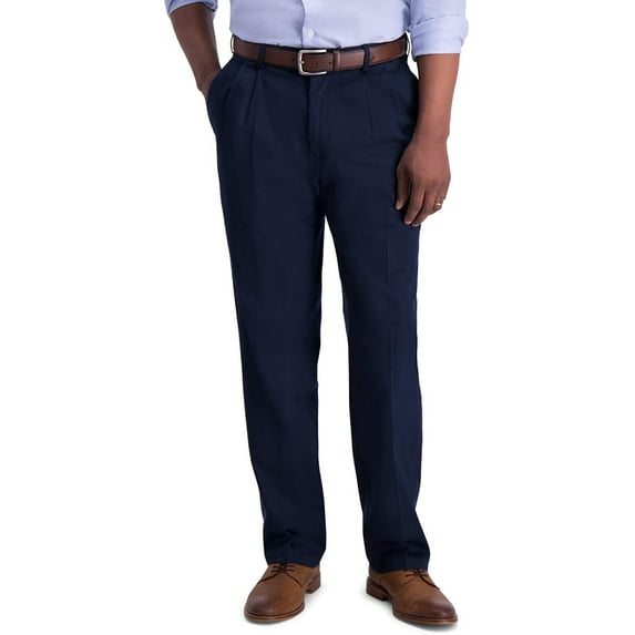 HAGGAR Mens Navy Pleated Straight Leg Stretch Classic Fit Pants 40W/ 32L