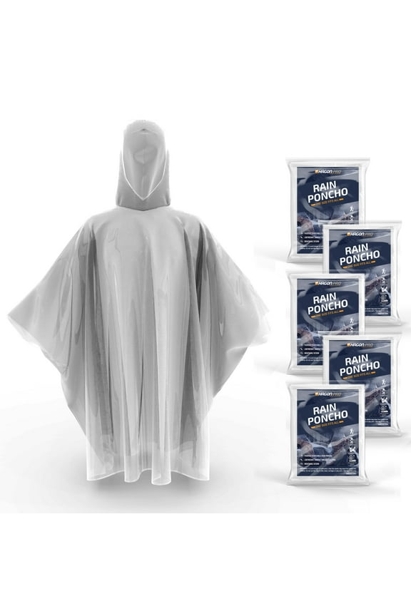 Disposable Rain Ponchos for Adults-Clear Poncho with Hood-5 Pack