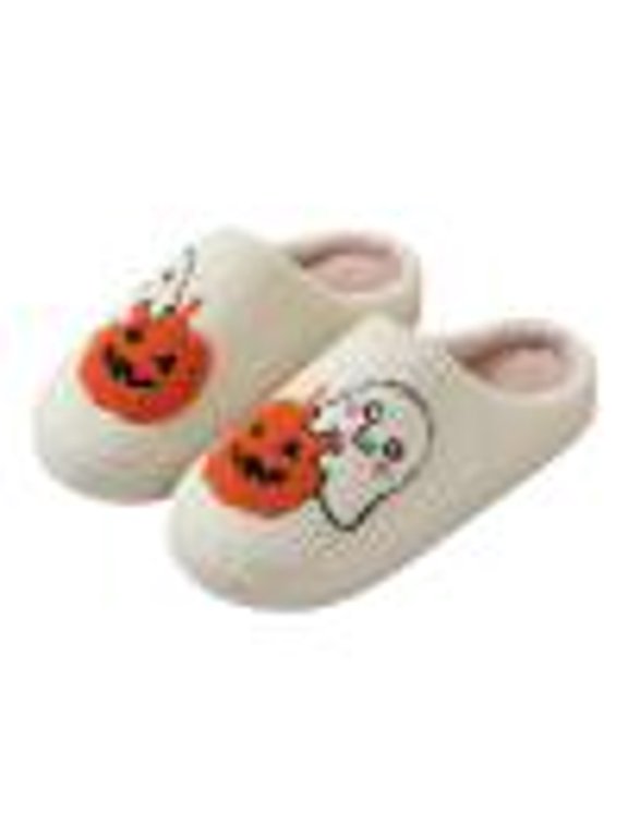 1 Pair Halloween Pumpkin Ghost Slippers for Women Men, Fluffy Winter Warm Slip On House Shoes for Halloween Mother's Day Birthday Gifts, 35-36