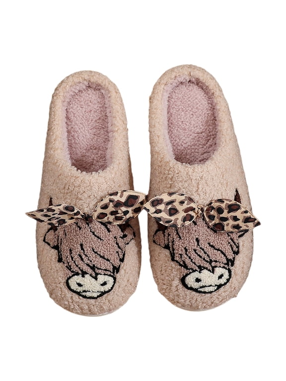 1 Pair Warm Plush Slippers with Leopard Print Bow, Fuzzy Cartoon Highland Cow Slippers for Winter Christmas Birthday Gift (36-37)