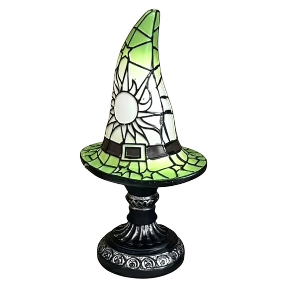 HAHUT 11.81" Handcrafted Stained Glass Witch Hat Lamp, USB Rechargeable LED Glowing Lantern for Bedroom Bookshelf Desk Decor Gift (Green)