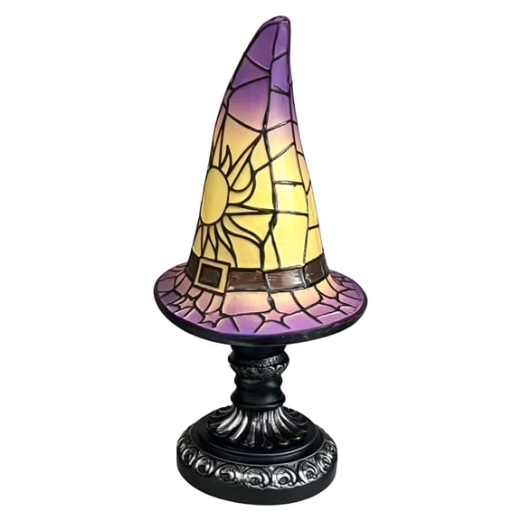 HAHUT 11.81" Handcrafted Stained Glass Witch Hat Lamp, USB Rechargeable LED Glowing Lantern for Bedroom Bookshelf Desk Decor Gift (Purple)