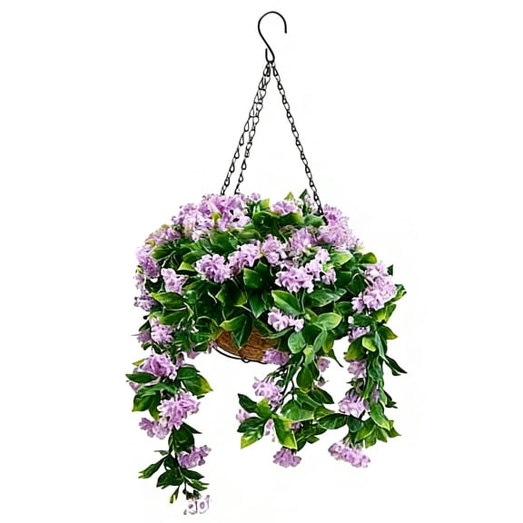 HAHUT 15" Crepe Myrtle Artificial Hanging Baskets, Artificial Hanging Flowers Planters for Patio Garden Porch Deck Spring Summer Decor (Purple)