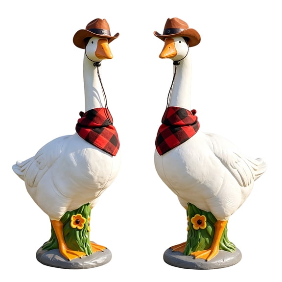 HAHUT 2 Pack Cement Porch Goose, Adjustable Hollow Goose Figurine with Removable Bandana & Hat, 11.8" Realistic Large Porch Goose Statue for Backyard Yard Art Decor