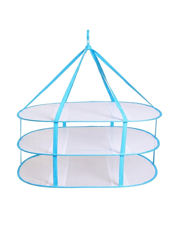 3-Tier Folding Mesh Clothes Hanging Dryer, Large Laundry Drying Rack, Lay fold Flat Dry Hanger for Sweaters Delicates Dolls T-Shirt Sweater Underwear (Blue)