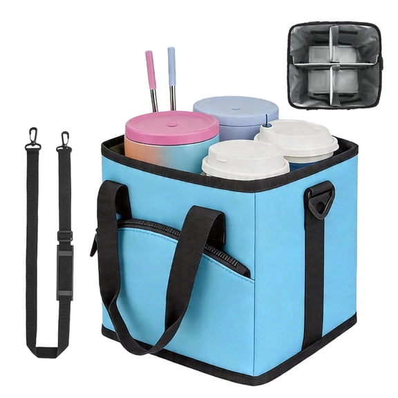 HAHUT 4 Compartment Insulated Drink Carrier Holder Bag, Multiple Tumbler Carrier Caddy with Adjustable Strap, Water Bottle Holder for Hiking, Walking, Sports, Travel, Outings (Blue)