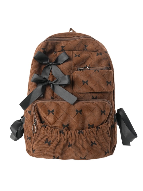 Aesthetic Corduroy Backpack for Women, Coquette Bow Tie Daypack with Multi-Pocket for College Travel Daily Use (Brown)
