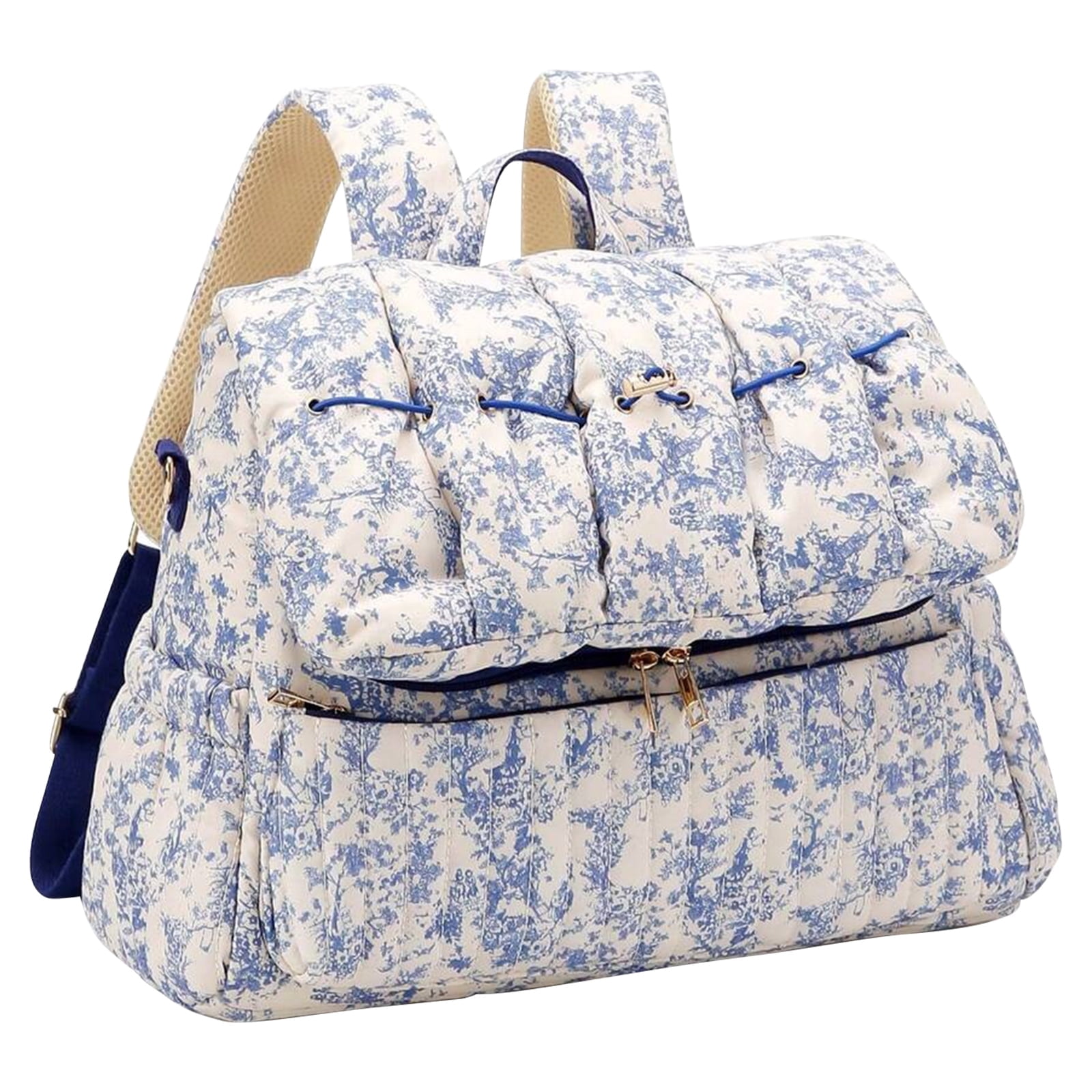 HAHUT Aesthetic Quilted Floral Diaper Bag Backpack with Stroller Straps, Multi-Functional Nylon Embroidered Laptop Backpack for Work Travel Casual (Blue)