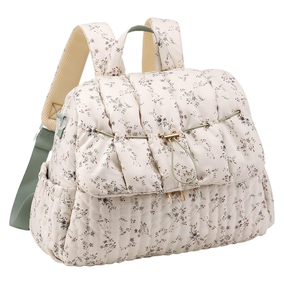 HAHUT Aesthetic Quilted Floral Diaper Bag Backpack with Stroller Straps, Multi-Functional Nylon Embroidered Laptop Backpack for Work Travel Casual (Green)