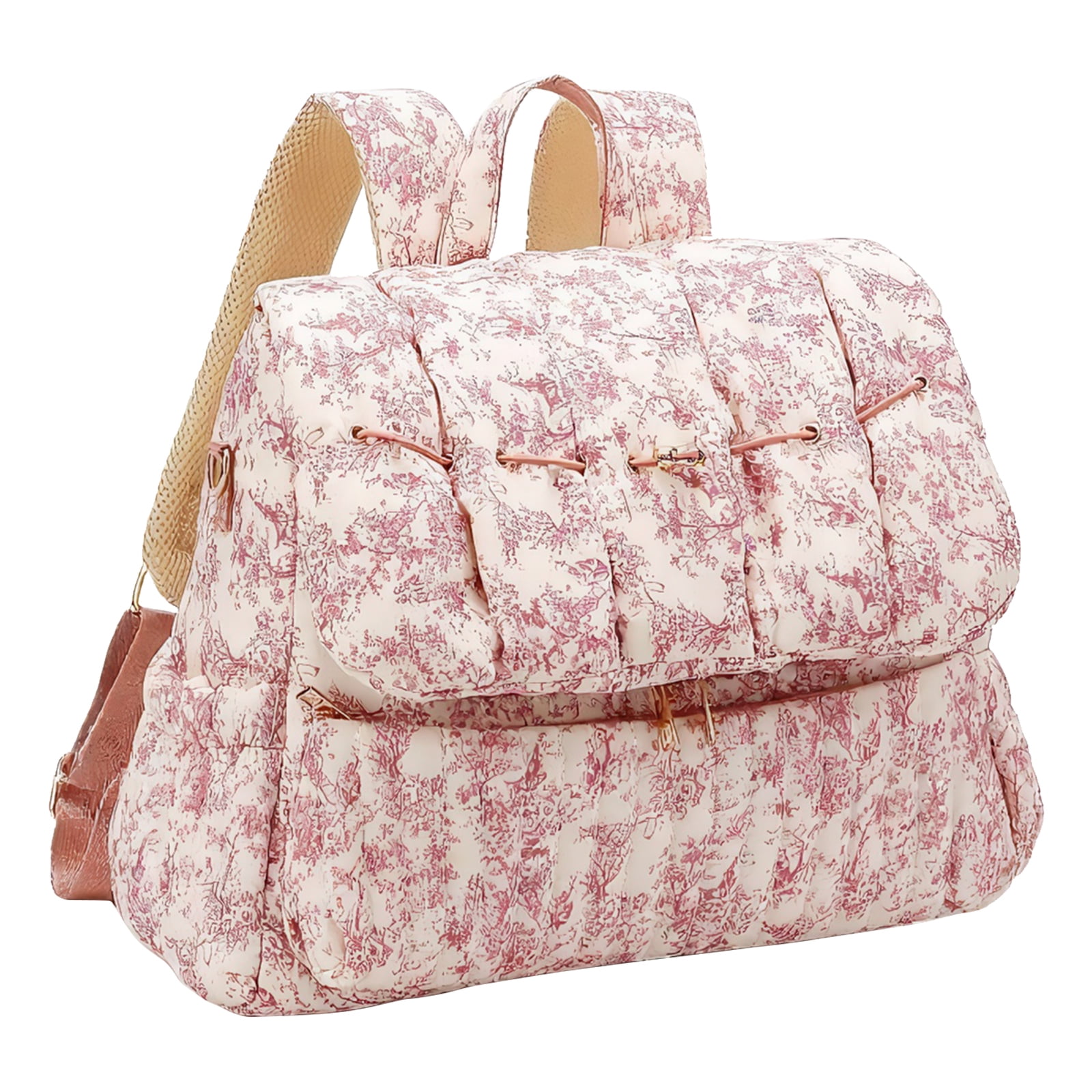 HAHUT Aesthetic Quilted Floral Diaper Bag Backpack with Stroller Straps, Multi-Functional Nylon Embroidered Laptop Backpack for Work Travel Casual (Red)