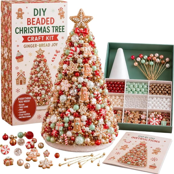 HAHUT DIY Beaded Christmas Tree Craft Kit, 3D Crystal Pearl Art Craft Set with Colorful Beads & Gingerbread Tree Topper for Home Decor Gift