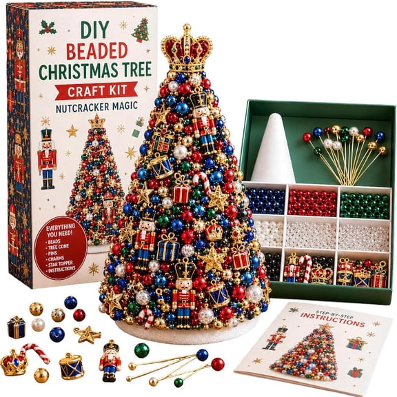 HAHUT DIY Beaded Christmas Tree Craft Kit, 3D Crystal Pearl Art Craft Set with Colorful Beads & Nutcracker Tree Topper for Home Decor Gift