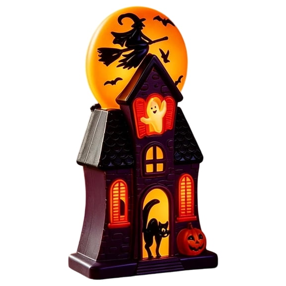 HAHUT Halloween House Blow Mold Light, Resin Pre-Lit Spooky Mansion with Glowing Witch Moon, Ghost & Black Cat for Halloween Party Tabletop Decor (Red)