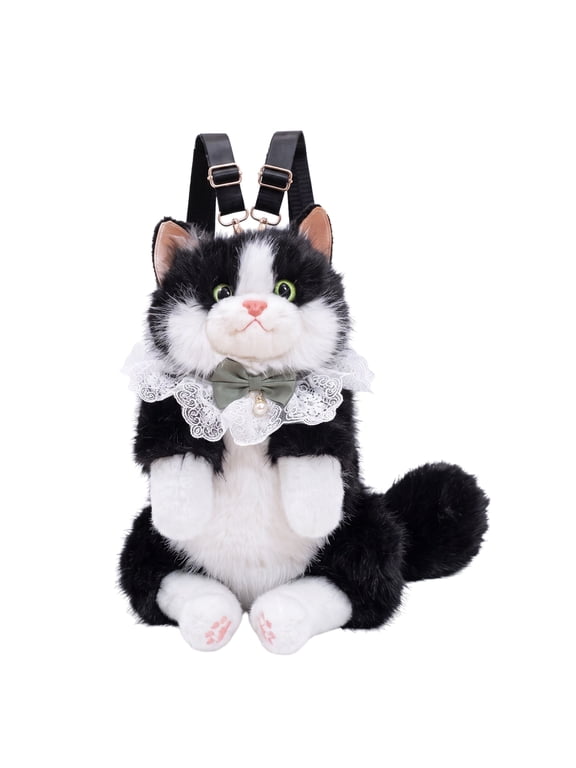 Kawaii Fluffy Kitten Plush Backpack for Women, Stuffed Animals Bag with Adjustable Shoulder for Birthday Travel Daily Use (Black)