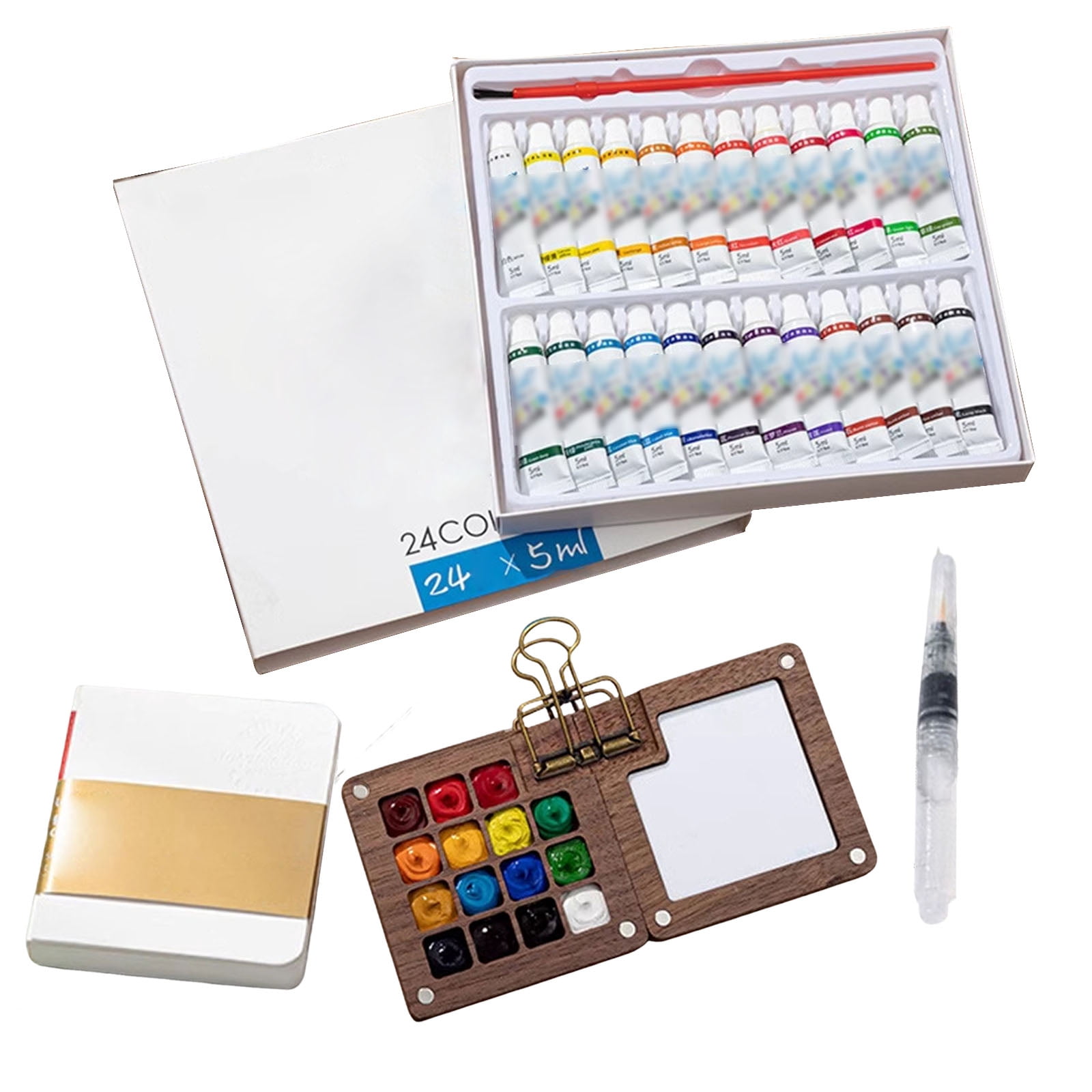 HAHUT Mini Watercolor Paint Set, Portable Artist Palette Sets with 24 Colors, Binder Clip, Sketchbook, Water Brush Pen & Wooden Paint Box for Artists Students Painters