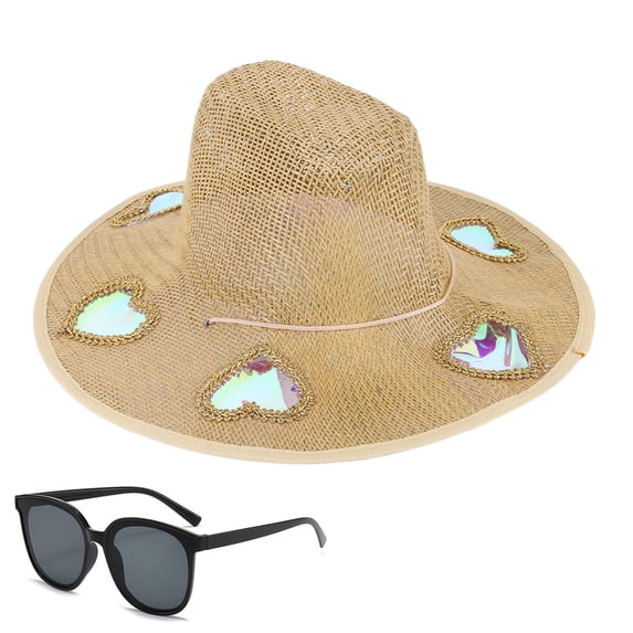 HAHUT Straw Beach Sun Hat with Sunglasses for Women Men, Suncatcher Cowgirl Straw Prism Hat with Adjustable Chin Strap Wide Brim for Camping Travel Picnic (Beige)