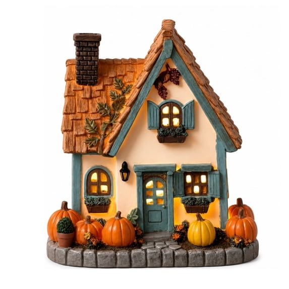 HAHUT Vintage Light-Up Pumpkins Cottage, Hand-Painted Pumpkin LED House Decor for Autumn Thanksgiving Halloween Tabletop Mantel Shelf Display (Orange)