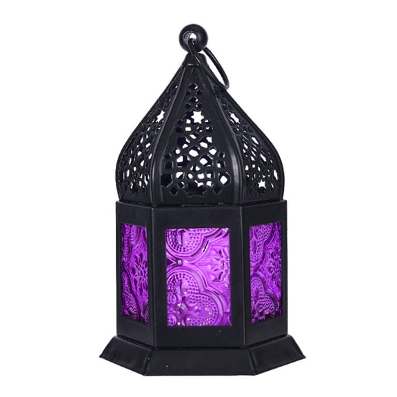 HAHUT Vintage Moroccan Candle Lantern Decor, Hollowed-Out Iron Hanging Candle Holder, Small Decorative Lamp for Christmas Halloween Home Bar Wedding Decoration (Purple)