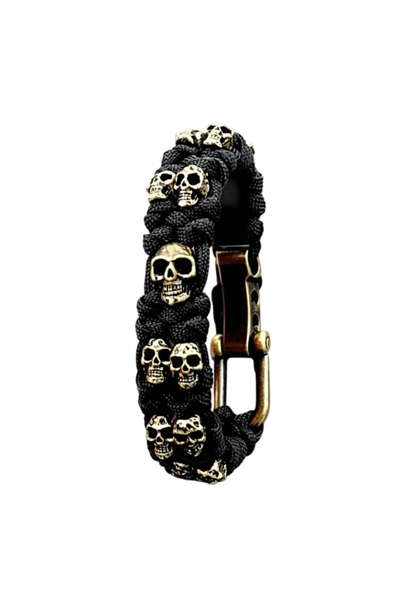 Vintage Skull Paracord Bracelet, Adjustable Woven Gothic Handstring with Metal Skull Charms U-Shackle Closure for Halloween Birthday Gifts (Black)