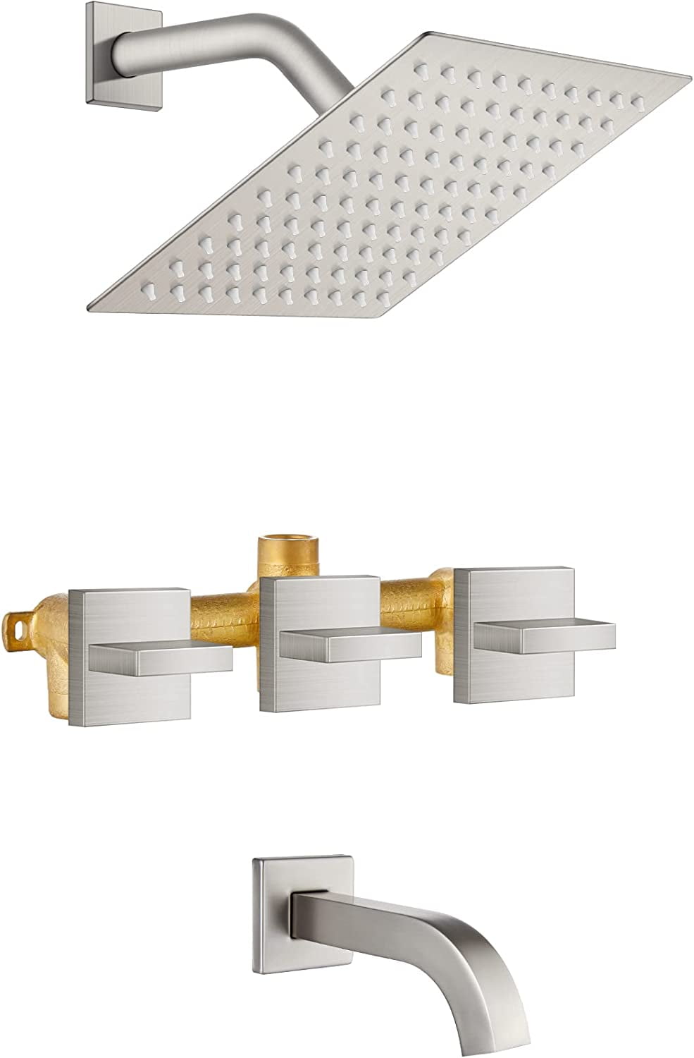 PROOX 3-Handle Tub & Shower Faucet Set - Dual Shower Head, Rough-in Valve, Polished Chrome, Wall Mount Bathroom System