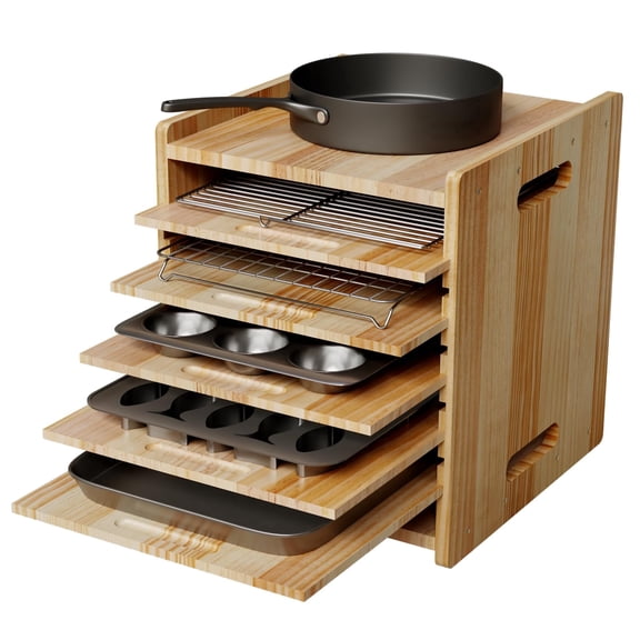 HAIDAIYA 7 Tier Wooden Tray Dividers, Cookie Sheet Organizer for Cabinet, Adjustable Spacing Solid Wood Kitchen Documents Storage for Pot, Pans, Cutting Board, Bakeware, Medium (14''W)