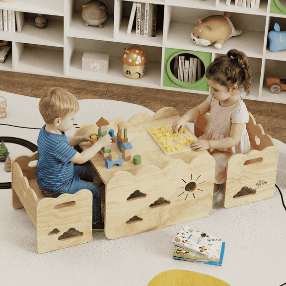 HAIDAIYA Montessori Toddler Table and Chairs Set, Small Wooden Kids Furniture, Activity desk for Baby Weaning, Mealtime, Learning, and Play