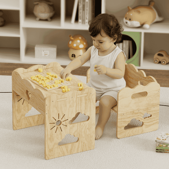 HAIDAIYA Montessori Toddler Table and Chair Set, Small Wood Nursery Kids Furniture, Ideal for Baby Weaning, Mealtime, Learning and Play