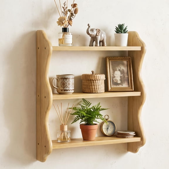 HAIDAIYA Solid Wood Floating Shelves, 3 Tier Rustic Wall Mounted Wood Display Rack, Farmhouse Hanging Storage Wall Shelf for Bedroom Living Room, Wood
