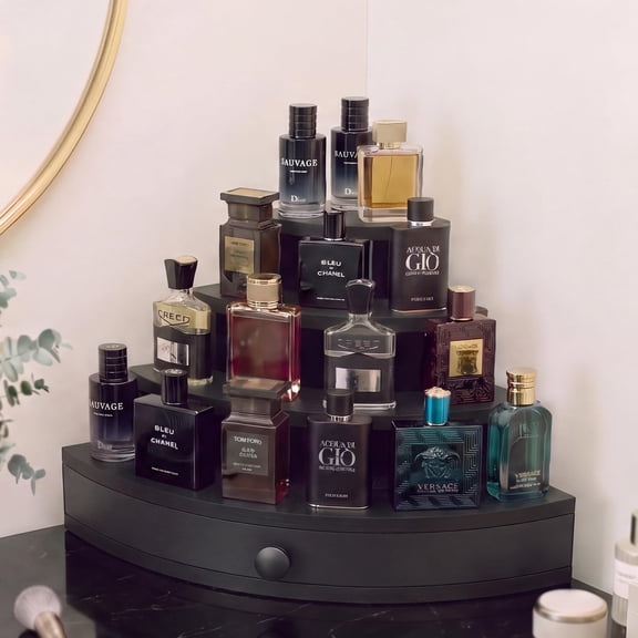 HAIDAIYA Wood Corner Perfume Organizer Stand with Drawer, 4 Tier Wooden Cologne Display Risers for Men, Perfume Shelf Holder for Bathroom Storage, Riser Stand for Decoration and Organizer, Black