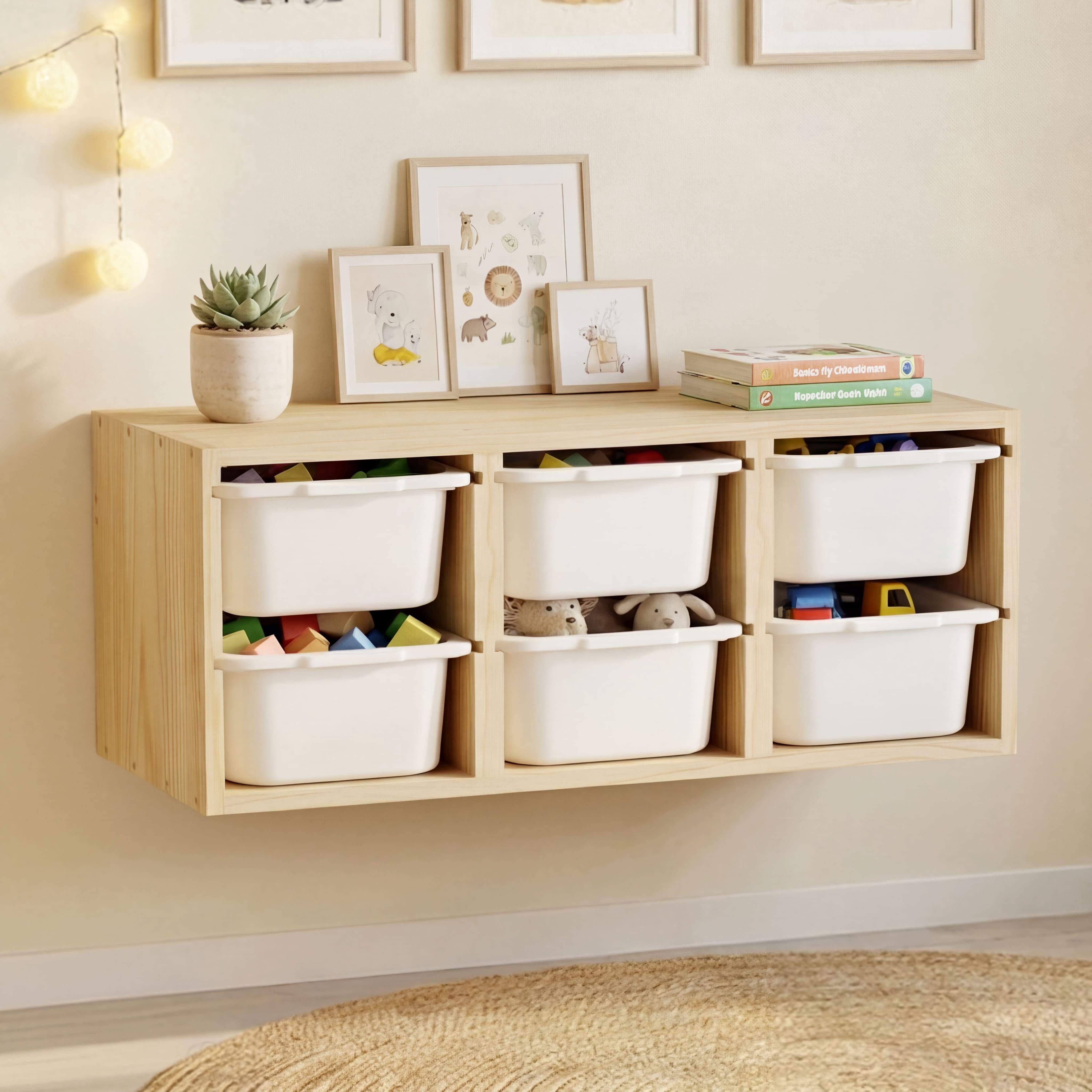 HAIDAIYA Wood kids toy storage organizer with 6 Bins Wall Mounted Space-Saving Hanging Toy Box for Nursery & Playroom (Natural)